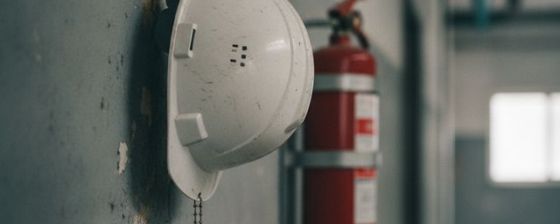 Symbolbild Arbeits- und Brandschutz: Schutzhelm am Haken neben einem Feuerlöscher im Industrieflur