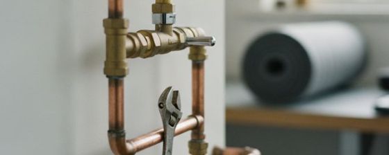Symbolbild Gebäudetechnik: Kupferleitungen mit Messingverschraubungen und Rohrzange an einer Wand
