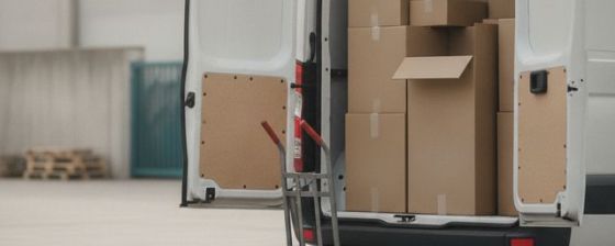 Symbolbild Transport und Logistik: offener Transporter mit gestapelten Kartons und Sackkarre an der Laderampe